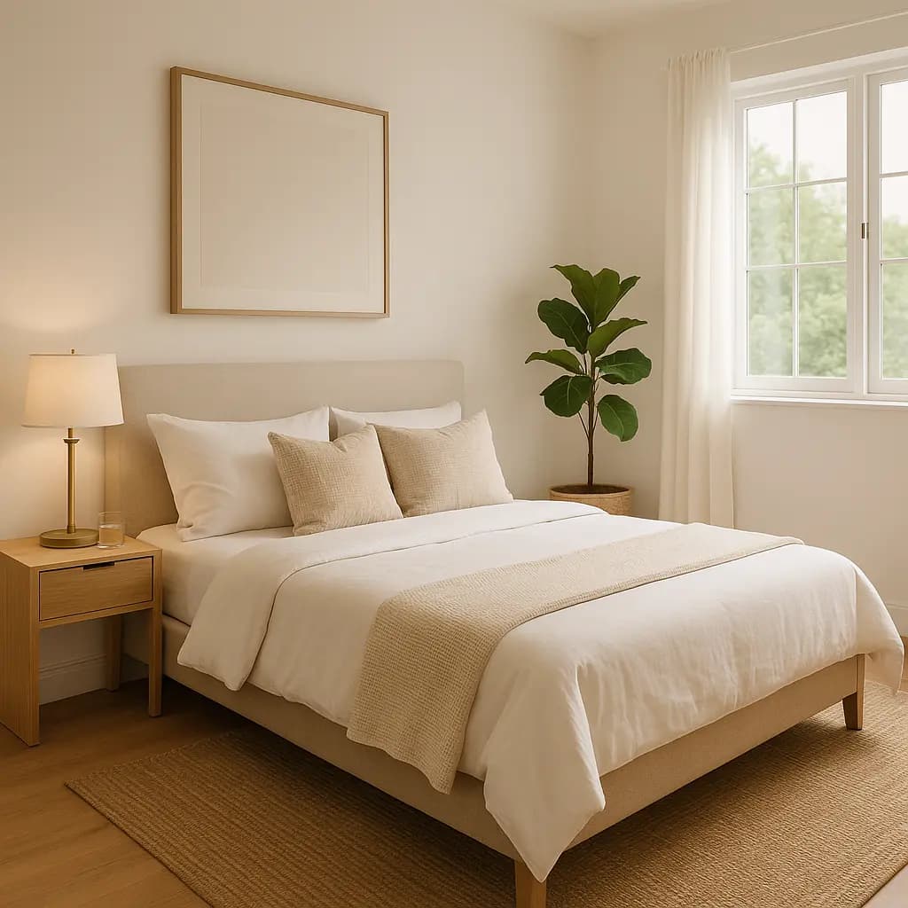 Feng shui bedroom layout showing proper bed placement in commanding position