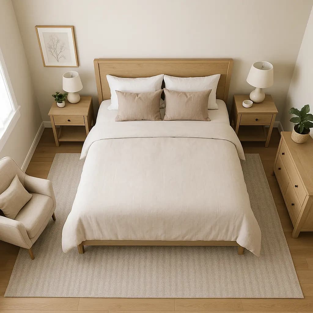 Bird’s eye view of a modern bedroom with good feng shui layout and balanced bed placement