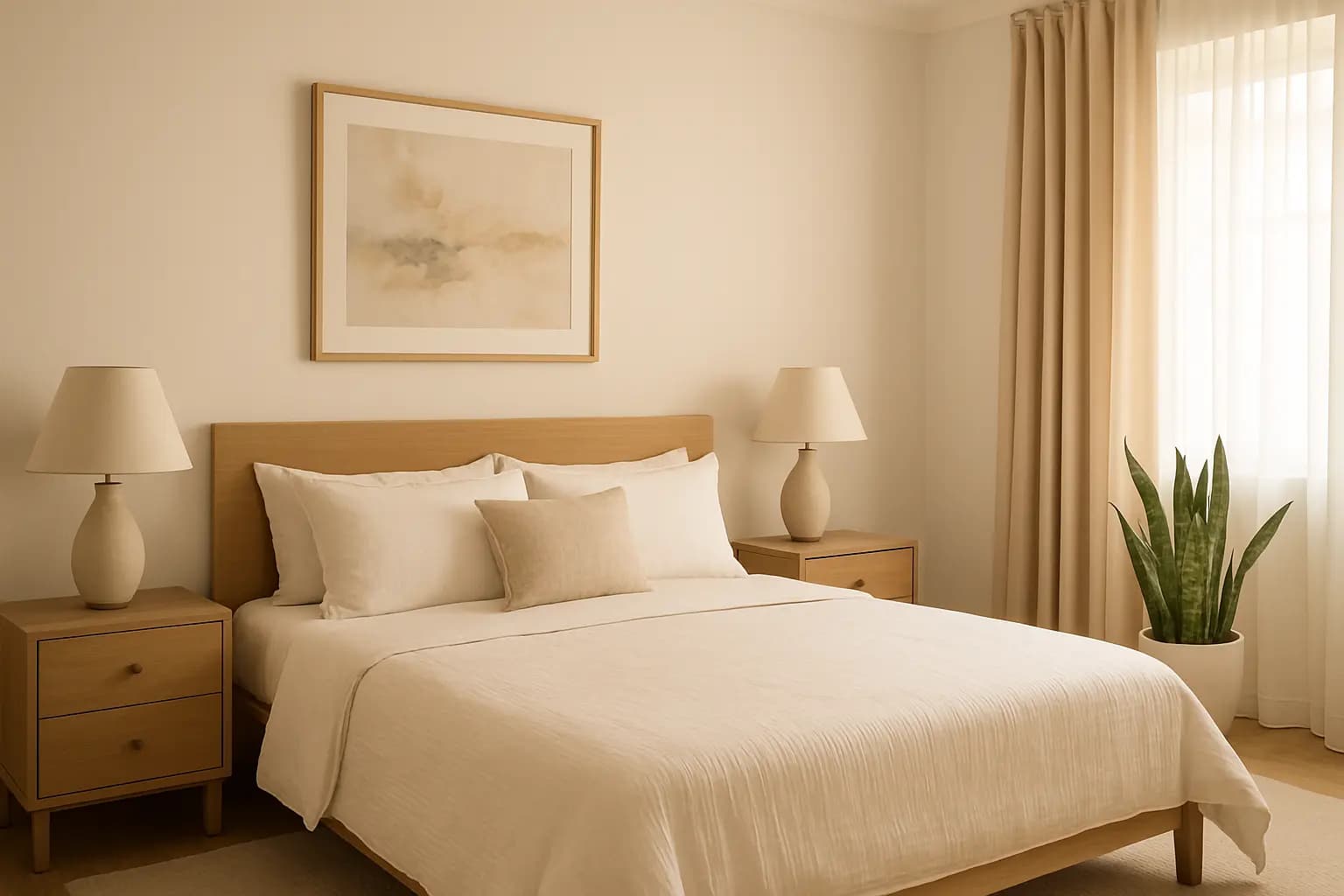 Modern feng shui bedroom with calming earth tones, balanced nightstands, soft lighting, and minimal décor