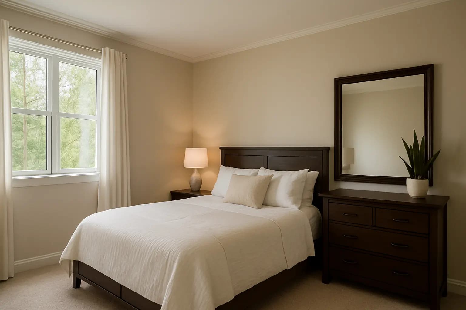 Modern bedroom with proper feng shui mirror placement, bed against a solid wall, and mirror on side wall not reflecting the bed