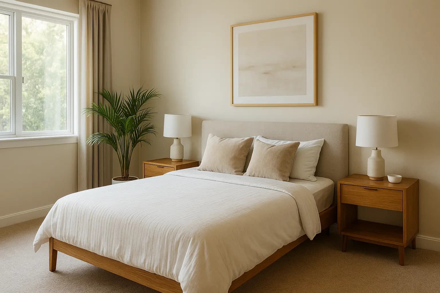 Modern bedroom with proper feng shui plant placement, peace lily near window, bed against solid wall with balanced nightstands